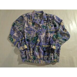 VTG Loubella Women S14 Purple Green Abstract Long Sleeve Button Blouse Polyester
